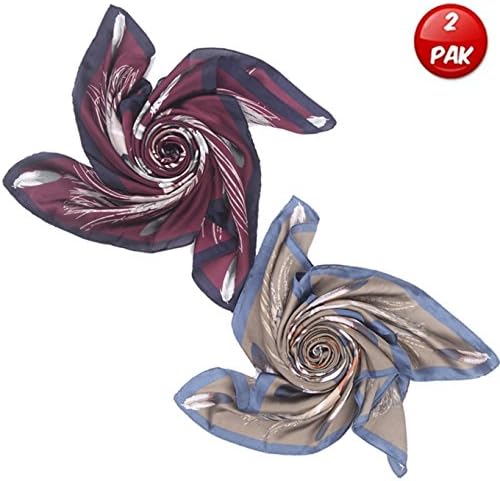AlinkZ Women's Satin Square Silk Feeling Neck Scarf Hair Scarf 28"X28" Set of 2 (Feather Red-Grey)