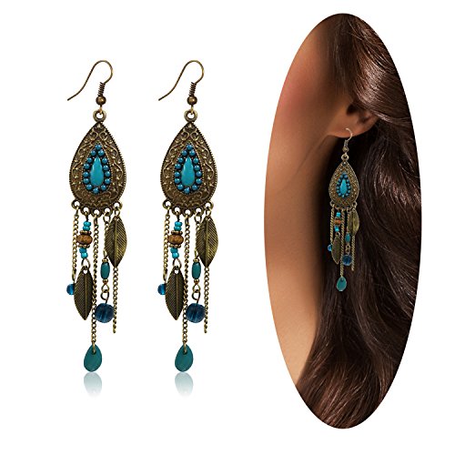 Eternity J. Women Vintage Retro Ethnic Drop Bohemian Dangle Earring Lolita Antique Bead Tassel Earrings (Blue)