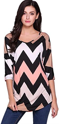 AiSiC Women Zig Zag Printed Contrast Color 3/4 Batwing Sleeve Pullover T-Shirt