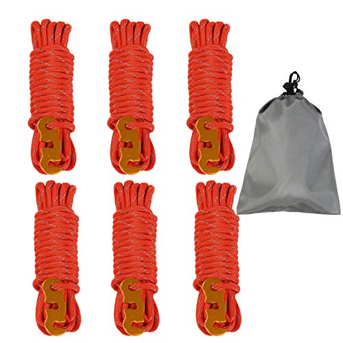 Reflective Nylon Rope, OBKJJ Tent Guyline Rope, with Ultra-light Aluminum Alloy Ceiling Rope Adjuster, Suitable for Camping Hiking Backpacks - Essential Camping Accessories, 6 Pieces 4MM 13 FT(Red)