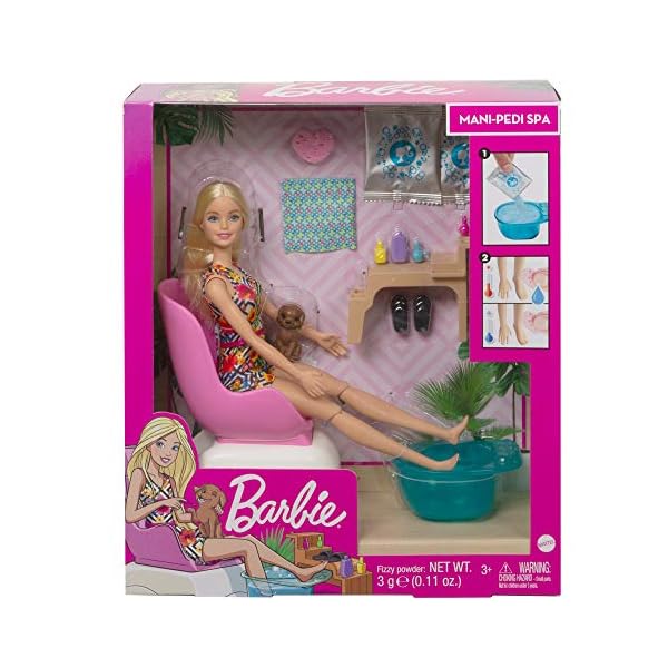 Barbie GHN07 - Mani- Pediküre Spielset mit Puppe (blond), Hündchen, Fußbad und Zubehör, 2 Päckchen Brausepulver für Schaumbad, Farbwechseleffekt auf den Fingernägeln, Geschenk für Kinder ab 3 Jahren – Bild 8