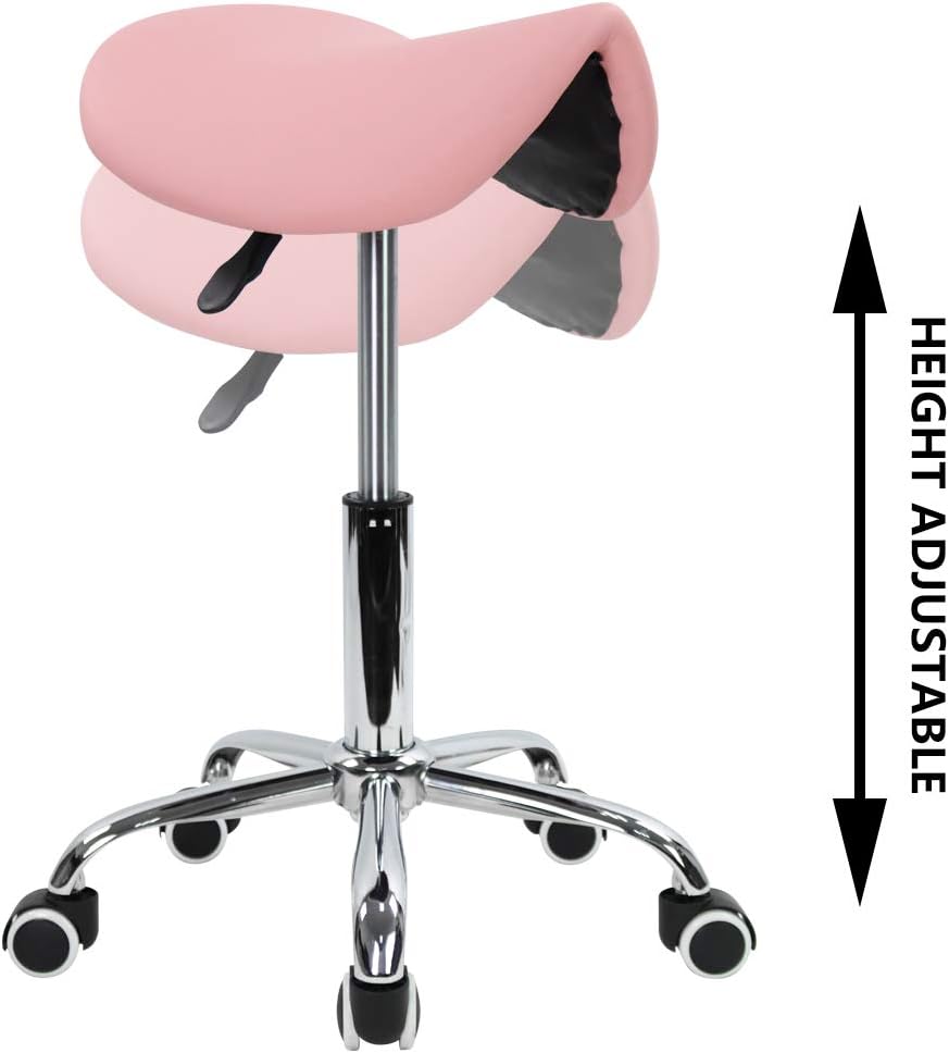 KKTONER Rolling Saddle Stool PU Leather Swivel Adjustable Rolling Stool with Wheels Salon Chair (Pink): Kitchen & Dining