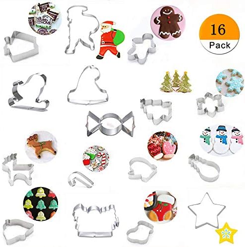 HENSHOW Christmas Cookie Cutter, 16Pcs Stainless Steel Holiday Cookie Molds Include Santa, Christmas Tree, Snowman, Gingerbread Man, Reindeer Candy and More