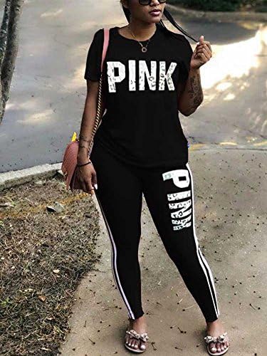 KIRJAUDU Women Letter Print Two Piece Tracksuit Crew Neck T-Shirt Tops and Skinny Long Pants