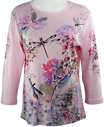 Cactus Fashion - Dragonflies, 3/4 Sleeve Scoop Neck Cotton Print Rhinestone Top