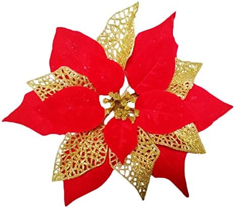 NOVELTY GIFTS1 Large Glitter Poinsettia Christmas Tree Ornaments Xmas Wedding Artificial Flowers Decorations Pack of 12 (Red)