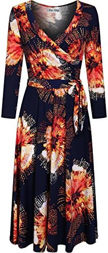 BodiLove Women's Silky Polyester Stretchy Fabric 3/4 Sleeve V-Neck Printed Knee Length Faux Wrap Dress