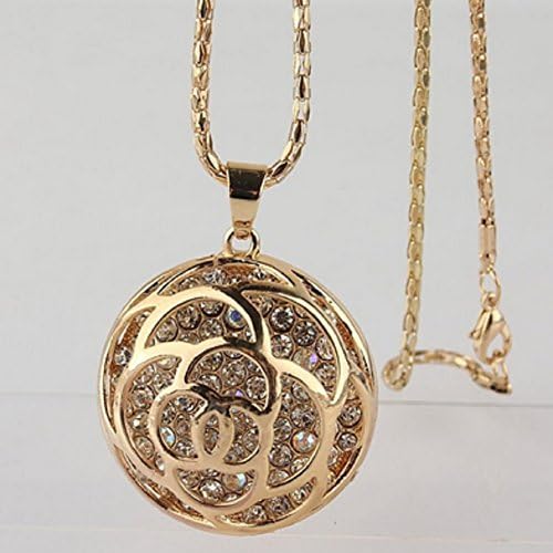 18k Yellow Gold Filled Round Clear Austrian Crystal Sweater Chain Pendant Necklace