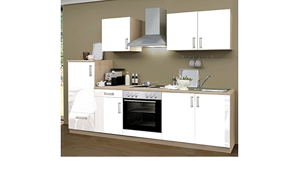 Cocina de 270 cm, color blanco lacado con nevera, horno ...