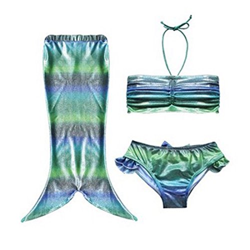 Neal LINK(TM) Girls 3pcs Swimmable Mermaid Tail Princess Bikini Bathing Wear Swimwear Swimsuit (Size 130(5-6years Old), 3)
