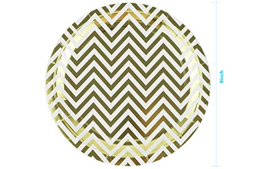Ottin White and Gold Chevron Party Tableware 24 Guests Disposable Dinnerware Paper Plates and Napkins Sets for Wedding Birthday Party Celebrations(Foil Yellow Chevron with Paper Straw, 24 guest)