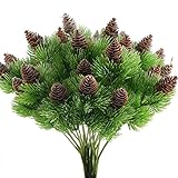 Nahuaa 4PCS Fake Cedar Pine Branches with Artificial Pine Cones Plastic Shrubs Faux Greenery Bushes Bundles Table Centerpieces Arrangements Home Kitchen Office Indoor Outdoor Decorations