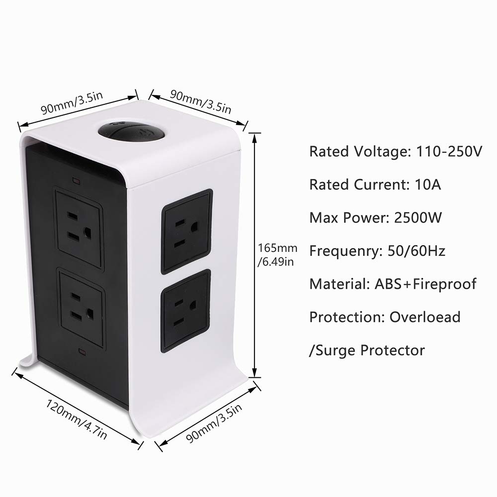 Power Strip Tower Surge Protector Electric Charging Station 10Ft Cord Wire Extension 3000W 13A 16AWG 8 Outlet Plugs with 4 USB Slot Universal Socket for PC Laptops Mobile