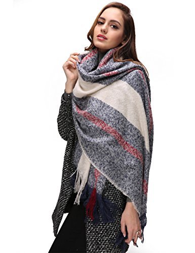 EVRFELAN Women Warm Plain Scarf Tassel Fringe Tartan Shawl Big Blanket Check Oversized Pashmina Fashion Soft Wrap in Fall Winter(Blue)