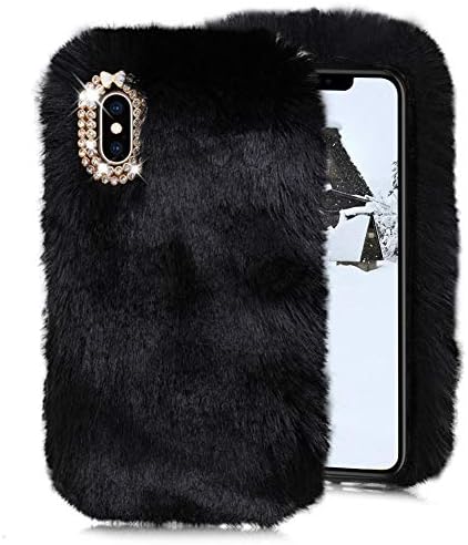 Cistor Plush Cover Case for iPhone Xs Max,Luxury Handmade Rabbit Fur Faux Furry Fluffy Soft Warm Winter Back Cover Shockproof TPU Protective Case with Bling Diamond Bowknot for iPhone Xs Max,Black