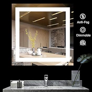 BATH KNOT Wall Mounted Smart Vanity Mirror with Lights - LED Square Bathroom Makeup Vanity Mirror with ETL Certification for Whole Mirror, 36 x 36 Inch