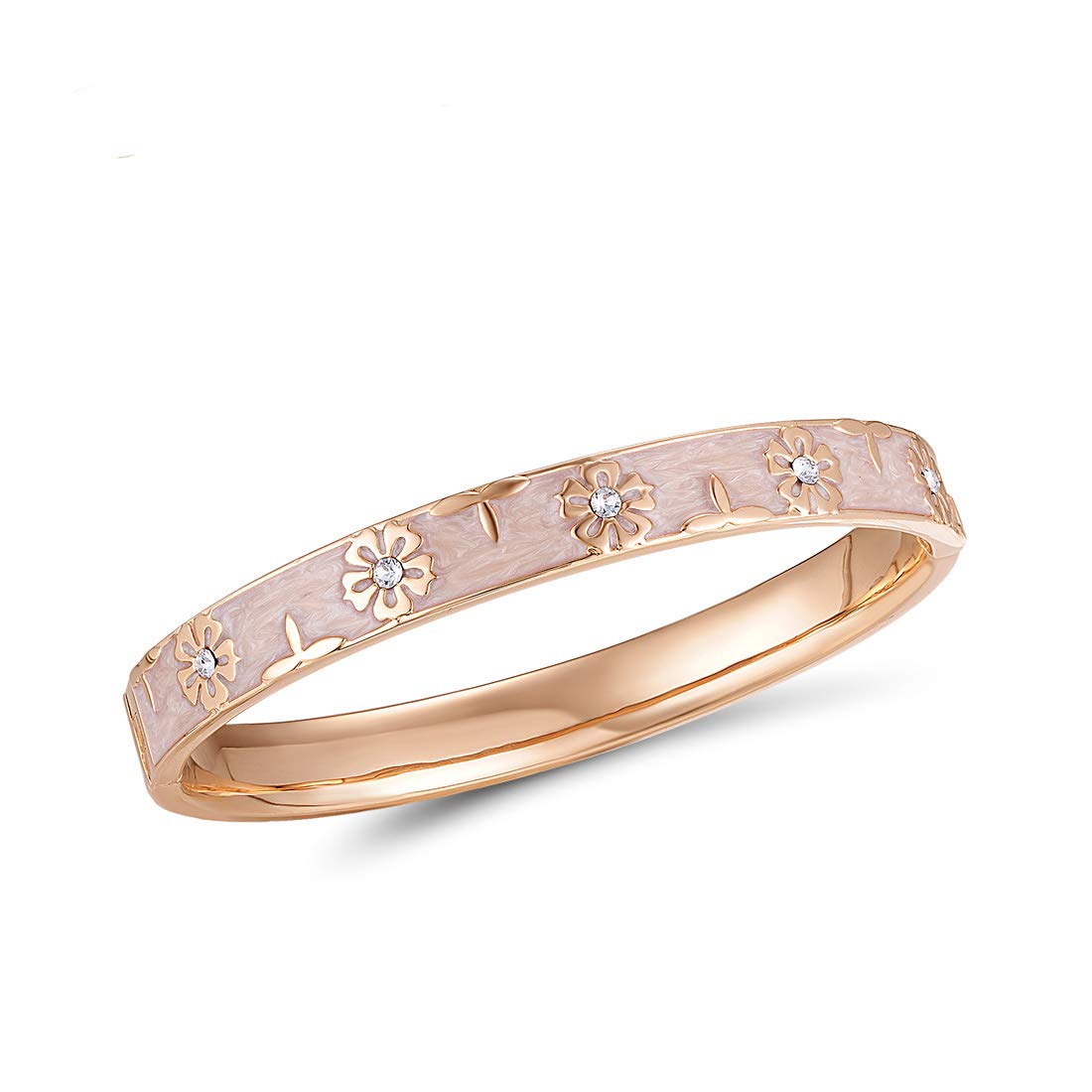 Santuzza Rose Gold Plating Bangle Brass Enamel Flower Pattern Bracelet with Crystal Ideal Jewelry Gift for Women Girls (Pink)