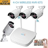 Wireless Security Camera System, 1080P 4CH NVR Surveillance System and 1080P Wireless Surveillance Cameras IP66 Waterproof WiFi Transmission Distance up to 600m