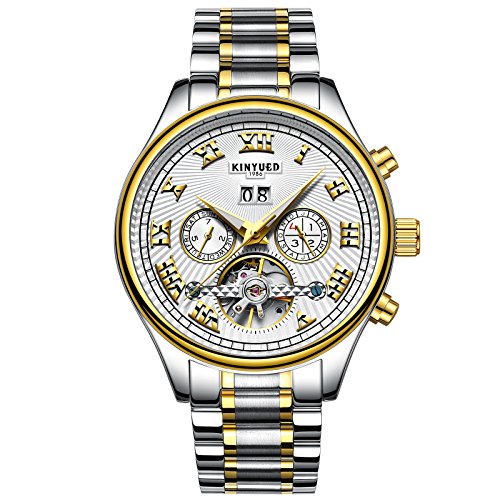 KINYUED Men's Wrist Watches Multifunctional Automatic Gold Dial Waterproof Stainless Steel Band Silver KINYUED Men's Wrist Watches Multifunctional Automatic Gold Dial Waterproof Stainless Steel Band Silver