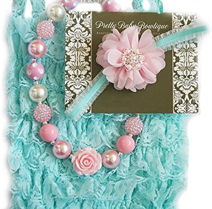 Baby Girl Lace Romper Set- Baby Birthday Outfit Photo Prop by Pretty Baby Bowtique (6-13months, Aqua Blue and Pink)