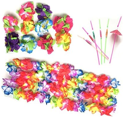 PARTYMASTER Pack of 40(10 leis+10 clips+20 straws),Flower Lei Hawaiian Colorful Luau Flower Leis Disposable Umbrella Drinking Straws and Hibiscus Clips for Party Event