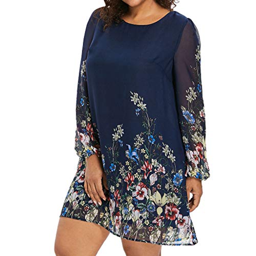 SOMESUN Women's Chiffon O-Neck Long Sleeve Dress Pocket Casual Floral Print Zipper Loose T-Shirt Dress Navy