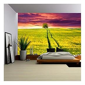 Digital Artwork in Watercolor Painting Style. Colorful Summer Sunrise with a Field of Yellow Flowers. - Removable Wall Mural | Self-Adhesive Large Wallpaper - 66x96 inches