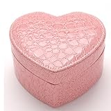 HOYOFO Crocodile Pattern PU Jewelry Box Organizer Heart Shaped Two-layer Rings Earrings Necklace Display Storage Case with Mirror,Pink