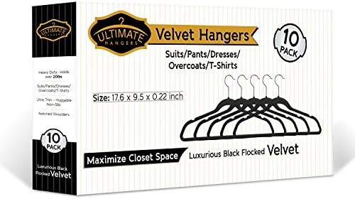 Ultra Thin Velvet Hangers That Are Non-Slip &amp; Huggable A Closet Organizer Space Saving Hanger Which Are Super Strong Made Of High Quality &amp; Heavy Duty With Luxury Black Flocked Velvet From Ultimate Hangers Box Of 10