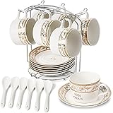 ROSE CREATE 6 pcs 5 Oz White Porcelain Coffee Cups and Saucers Sets, Ceramic Coffee Tea Cups set, Golden Edge New Bone China Set with 6 Spoons and an Iron Display Stand (Pack of 6)