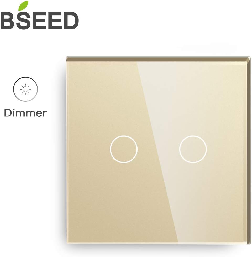 BSEED Dimmer Switch 2 Gang 1 Way Glass Touch Light Switches Led Compatible Dimmer Switch Gold (Required Led Adapter)