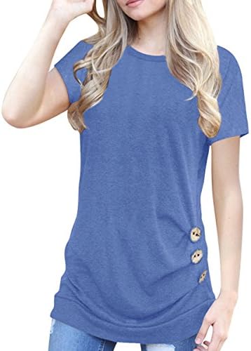 CEU Women's Short Sleeve Casual Tunic Buttons Decor Crew Neck T-Shirt, Blue, Large