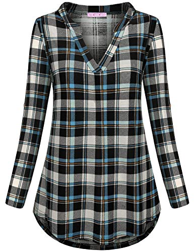 JOYMOM Nursing Tops for Breastfeeding,Maternity Cute Flattering V Neck 3/4 Sleeve Blouses Feminine Slimming Trapeze Shirttail Knitted T-Shirt Baby Shower Casual Wear Blue Black Plaid L - Thumbnail 3