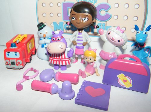Disney Doc McStuffins Deluxe Mini Figure Set Toy Playset of 12 with Doc, Lambie, Stuffy, Chilly, Heart Diary, Medical Bag with Stethescope, Fire Truck, Doll and More!