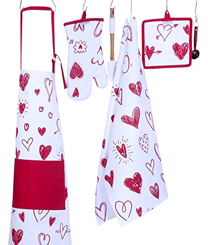 Set of Apron,Oven Mitt,Pot Holder, Pair of Kitchen Towels in a Valentine Hearts Design, Made of 100% Cotton, Eco-Friendly & Safe, Value Pack and Ideal Gift Set, Kitchen Linen Set By CASA DECORS