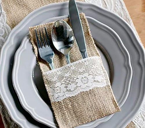 12pcs Vintage Shabby Chic Jute Burlap Lace Tableware Pouch Packaging Fork & Knife Burlap Holder Cutlery Pocket 4"x8"