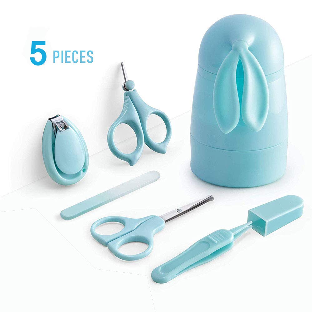 5 PCS Baby Grooming Kit Newborn Manicure Set Include 2 Safety Scissors,Nail Clipper,Nail File,Tweezers with 1 PC Free Bunny Ear Case Perfect for Shower Gift (Blue)