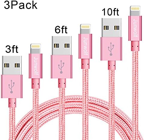 iPhone charger Junwolf 3Pack 3FT/6FT/10FT Nylon Braided 8 pin Lightning to USB Cable Charging Cord for iPhone 7/ 7Plus/ 6/ 6s/ 6s Plus/ 5/ 5s/ 5c/ SE/ iPad/ iPod and More(Rose gold)