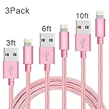 iPhone charger Junwolf 3Pack 3FT/6FT/10FT Nylon Braided 8 pin Lightning to USB Cable Charging Cord for iPhone 7/ 7Plus/ 6/ 6s/ 6s Plus/ 5/ 5s/ 5c/ SE/ iPad/ iPod and More(Rose gold)