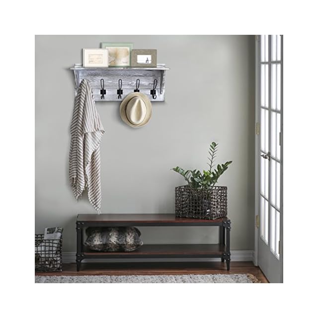 Rustic Wall Mounted Coat Rack Shelf Wooden Country Style 24" Entryway