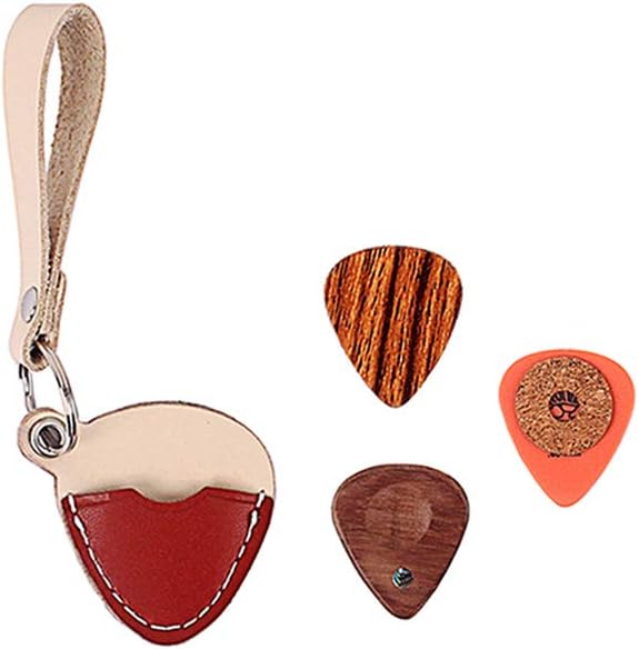 Alnicov Guitar Plectrum Pick Holder Cow Leather Case Keyring Key Ring Chain With 3Pcs Pick, Red