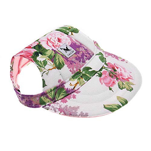 Happy Hours - Small Pet Dog Cat Baseball Visor Sports Hat Cap Puppy Summer Baseball Outdoor Ear Holes Sunbonnet Outfit Elastic Leather Neck Strap 6 Colors 2 Sizes Available (Flowers, Size M)