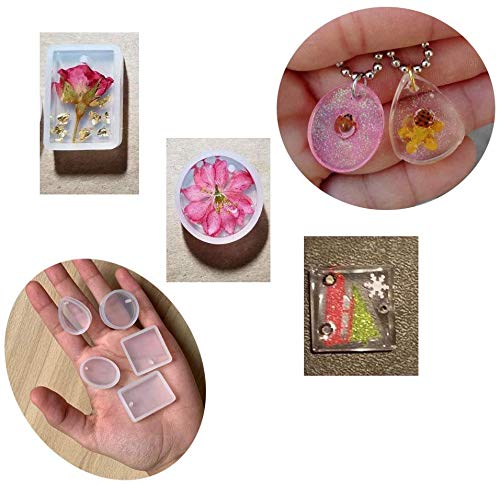 Set of 14 Casting Resin Molds Jewelry Making, Large & Small, 11 Silicone Pendent Trays with Hanging Hole & 3 Snowflake Charms Mould for DIY Craft - Circle/Square/Rectangle/Ring/Oval and More