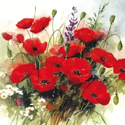 4 Paper Napkins for Decoupage - 3-ply, 33 x 33cm - Wild Poppies (4 Individual Napkins for Craft & Napkin Art.)