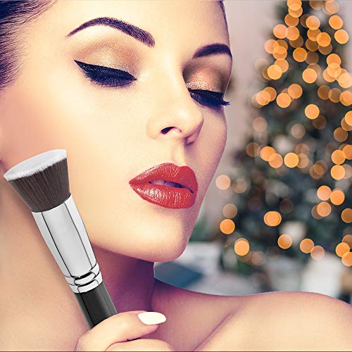 Foundation Makeup Brush Flat Top Kabuki for Face - Perfect For Blending Liquid, Cream or Flawless Powder Cosmetics - Buffing, Stippling, Concealer - Premium Quality Synthetic Dense Bristles!