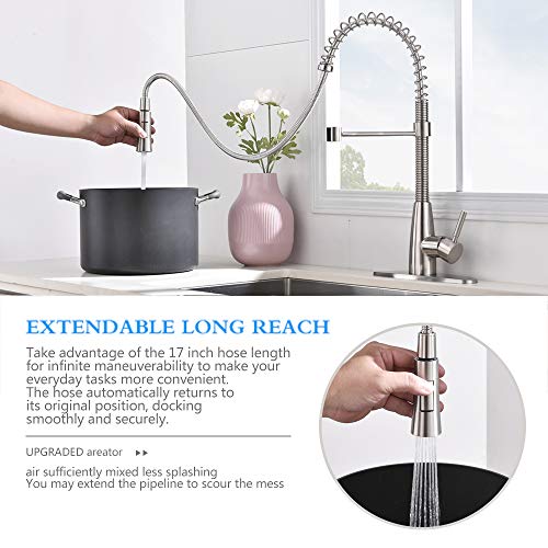 VESLA HOME Modern Commercial Stainless Steel Single Handle Pull Down Sprayer Head Brushed Nickel Kitchen Faucets, Sink Faucet Kitchen with Deck Plate - Thumbnail 4