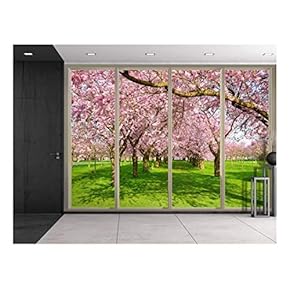Wall26 - Rows of Pink Cherry Blossom Trees Over Green Grass Viewed from Sliding Door - Creative Wall Mural, Peel and Stick Wallpaper, Home Decor - 66x96 inches