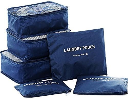 Ybester 6 set Travel Luggage Packing Organizers Clothes Storage Bag with Packing Cubes and Pouches (Navy blue)