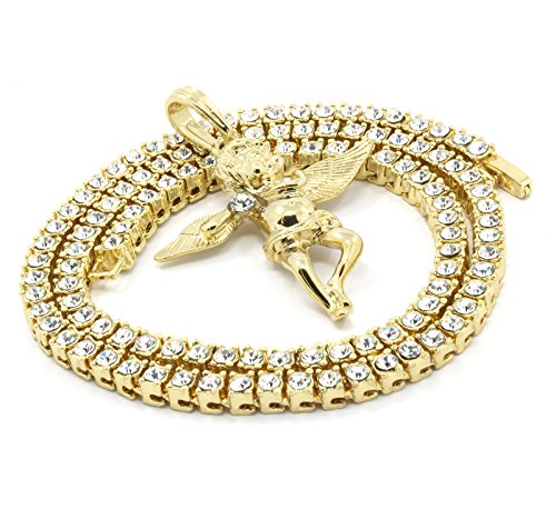 Mens Gold Tone Angel Side Clear Stone Charm Pendant 1 row 4mm 20