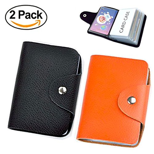 Soft Leather Credit Card Holder Protector Wallet Bag For Women Men - 24 Card Slots 2 Pack (Black&Orange)